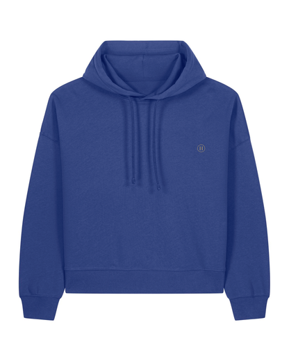 Blue hoodie with a small logo on the chest against a white background