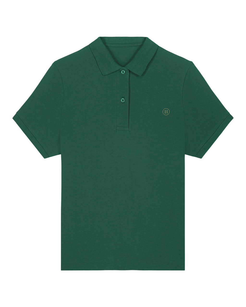 Green polo shirt with a small logo on a white background