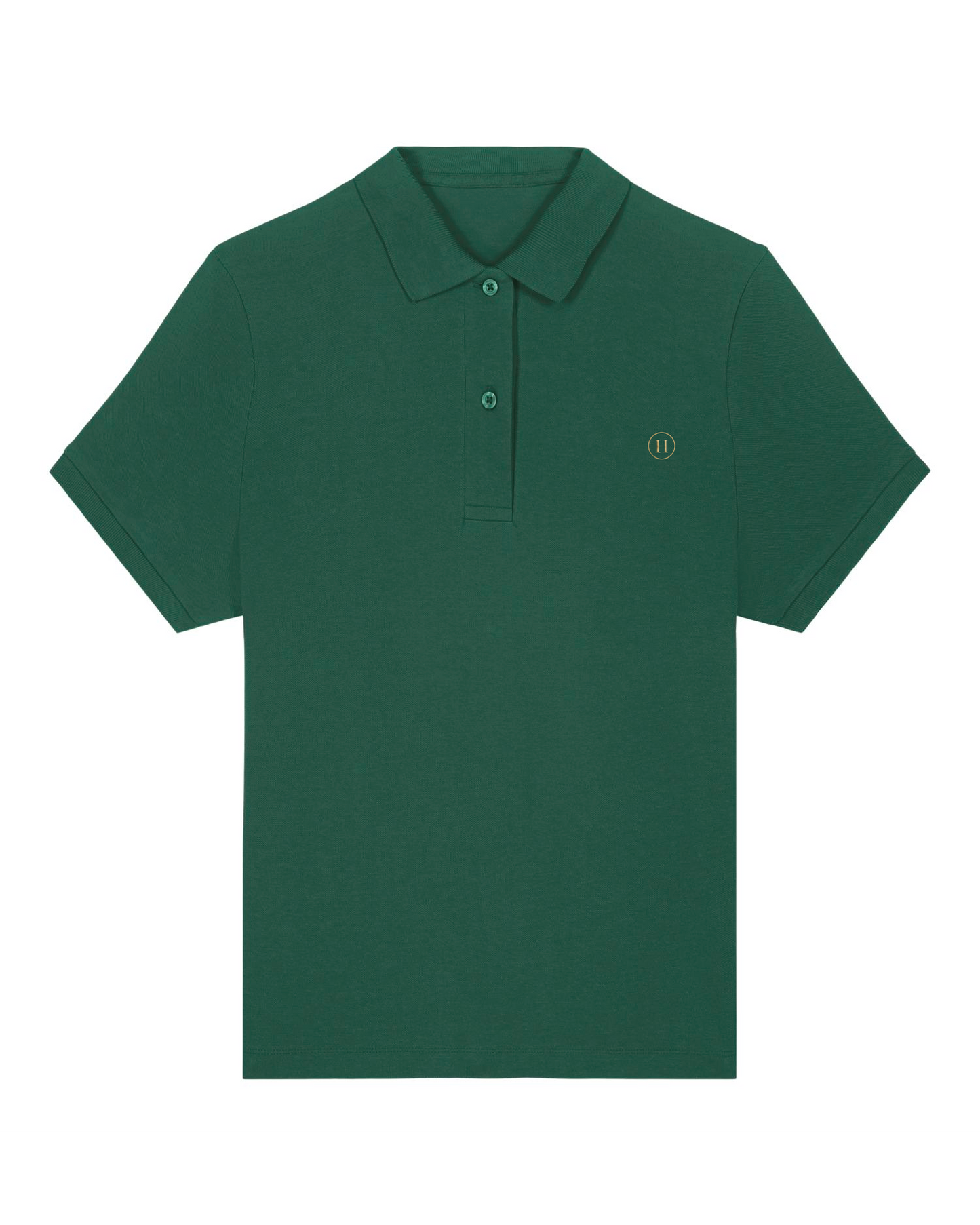 Green polo shirt with a small logo on a white background