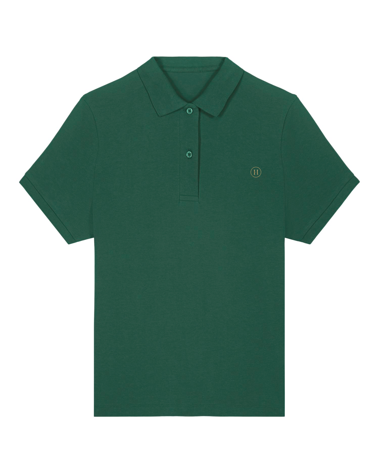 Green polo shirt with a small logo on a white background