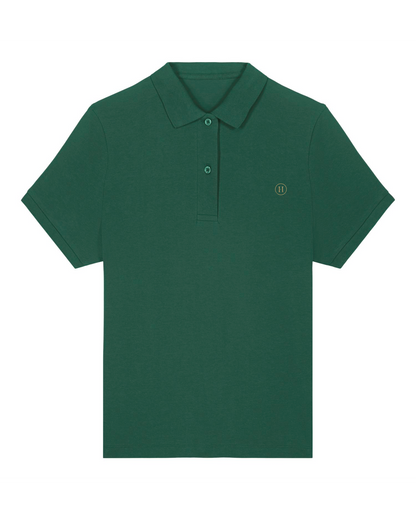 Green polo shirt with a small logo on a white background
