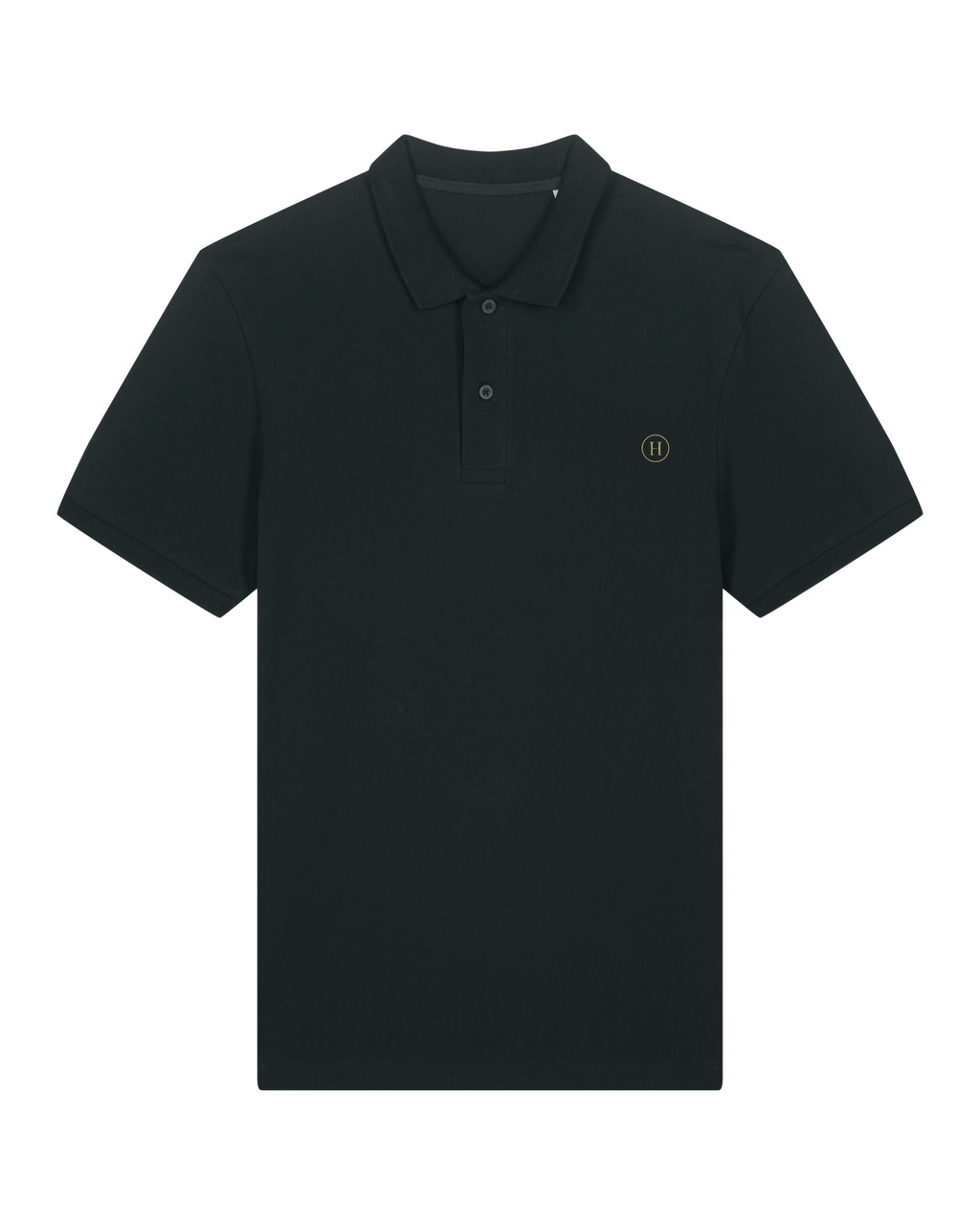 Black polo shirt with a small logo on a white background