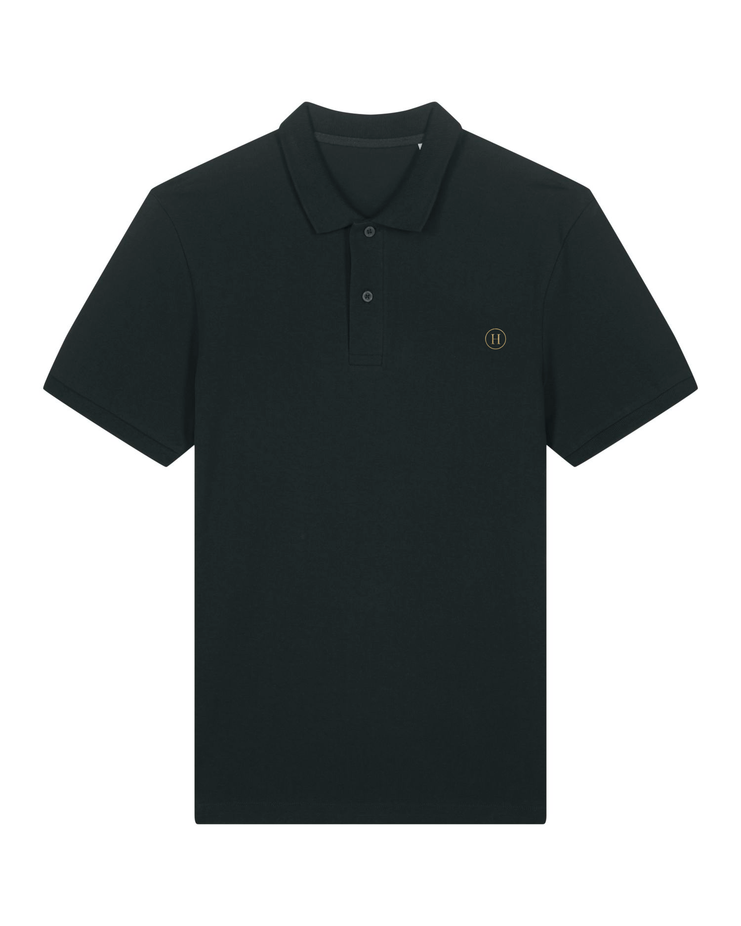Black polo shirt with a small logo on a white background
