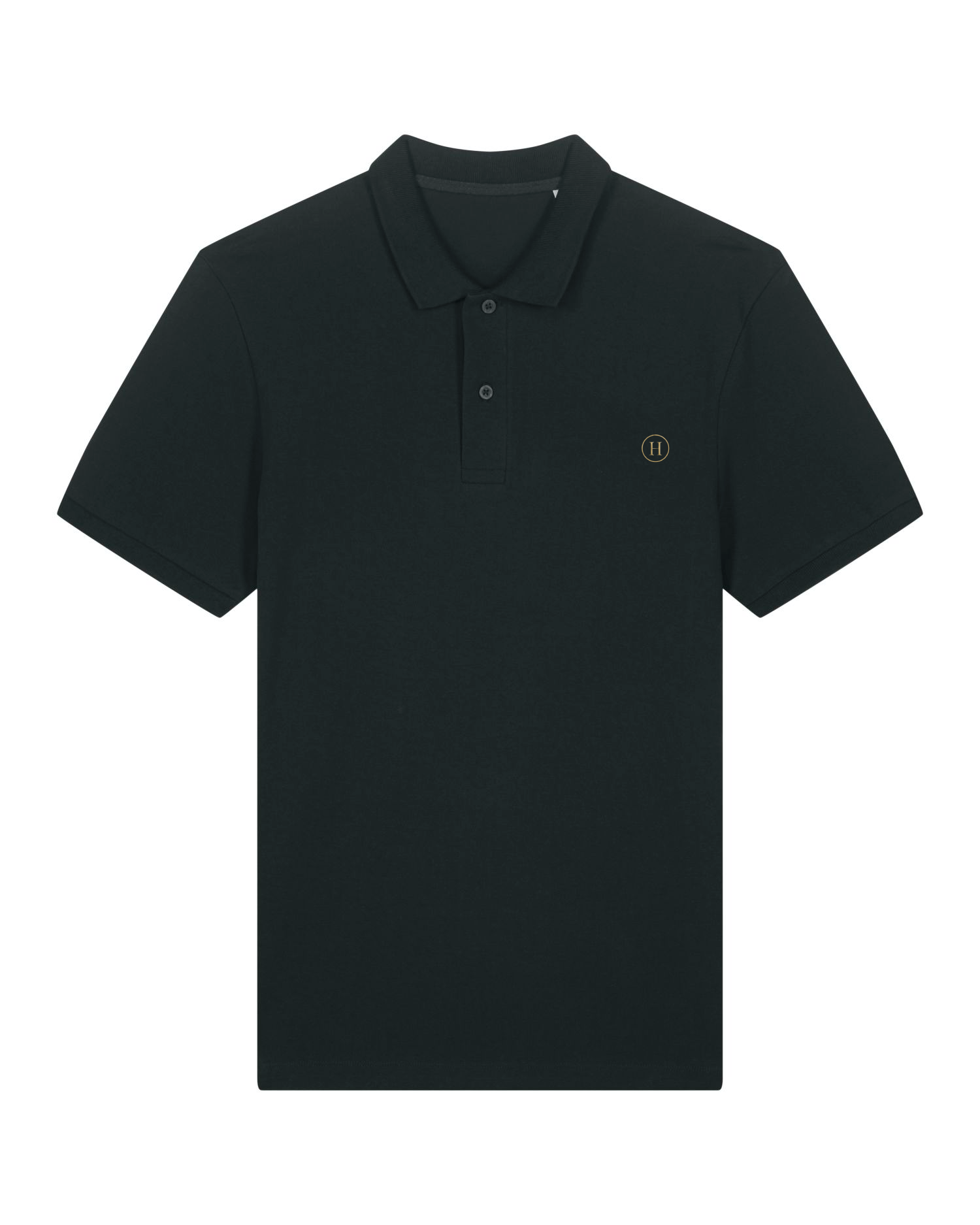 Black polo shirt with a small logo on a white background