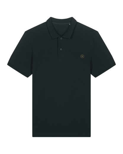 Black polo shirt with a small logo on a white background