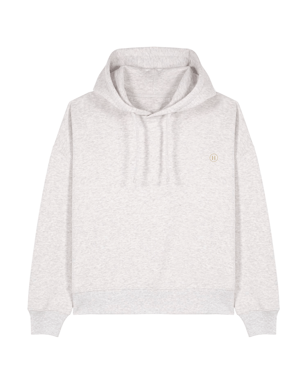Light gray hoodie with a small logo on a white background