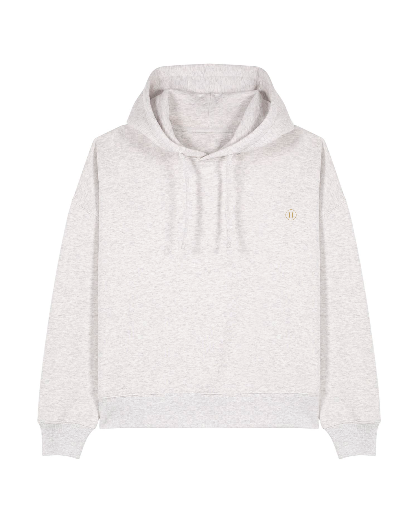 Light gray hoodie with a small logo on a white background
