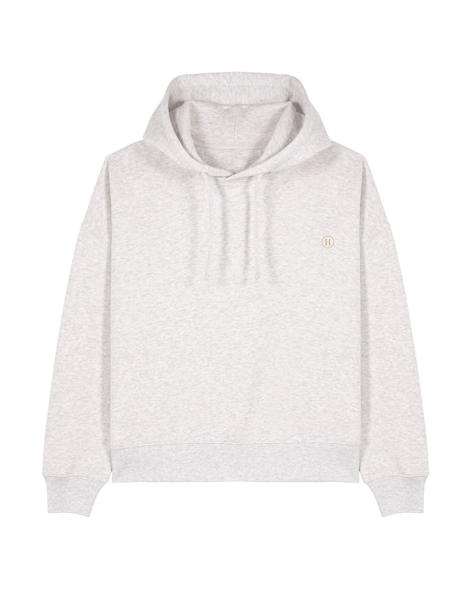 Light gray hoodie with a small logo on a white background