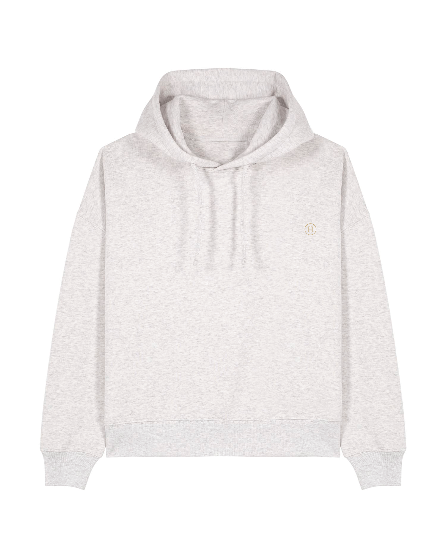 Light gray hoodie with a small logo on a white background