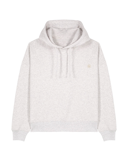 Light gray hoodie with a small logo on a white background