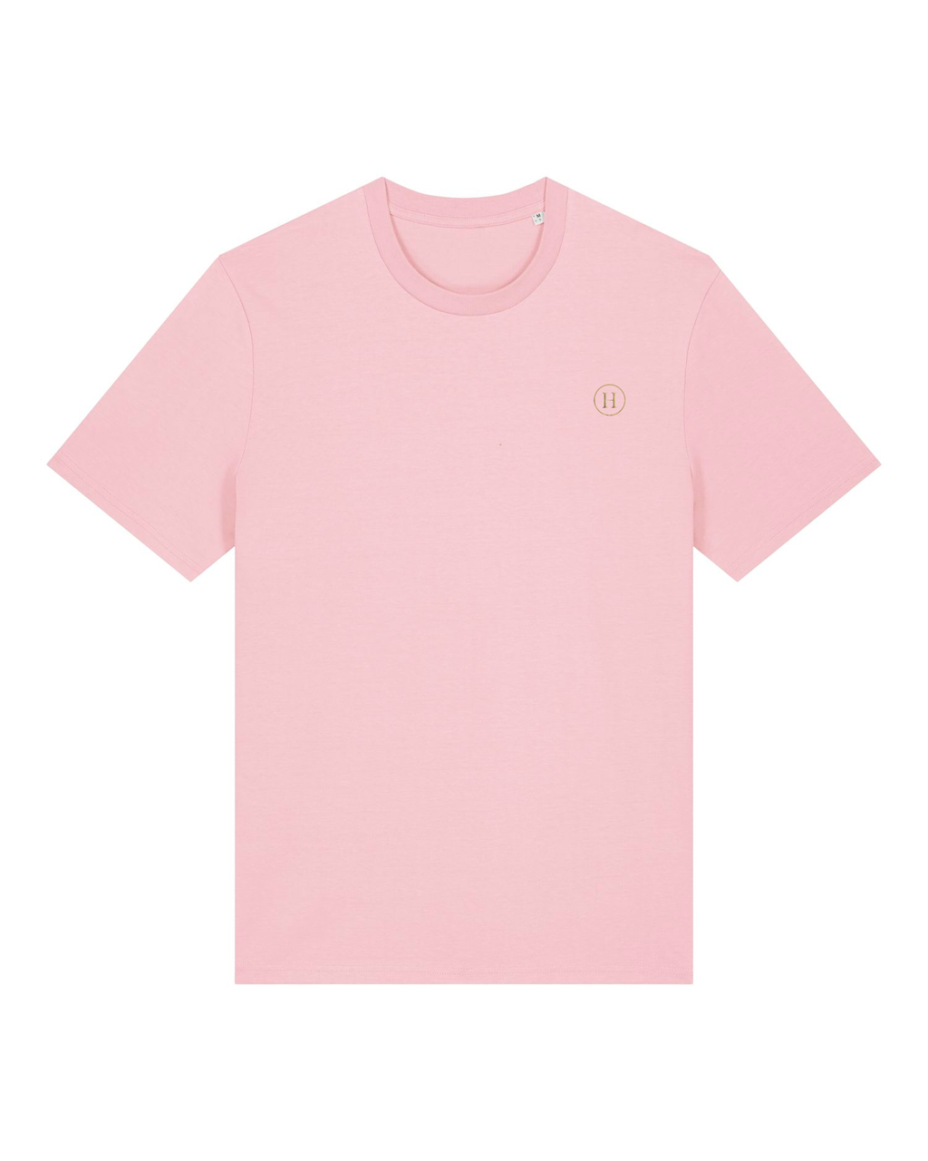 Pink t-shirt with a small logo on a white background