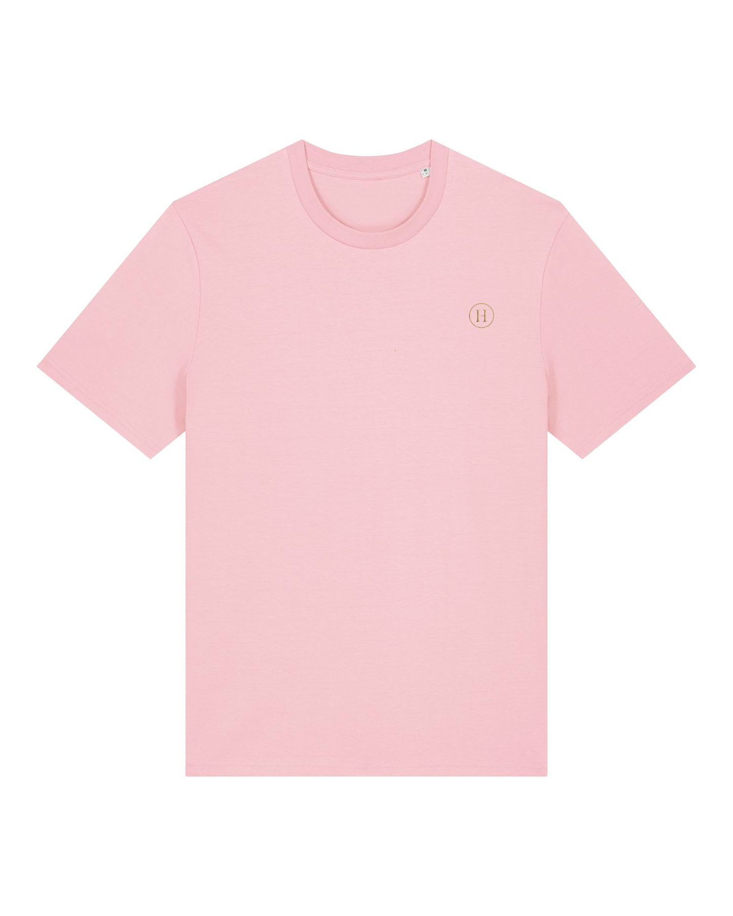Pink t-shirt with a small logo on a white background