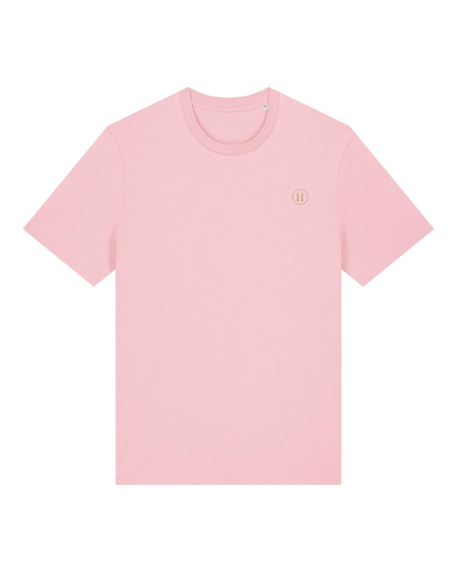 Pink t-shirt with a small logo on a white background