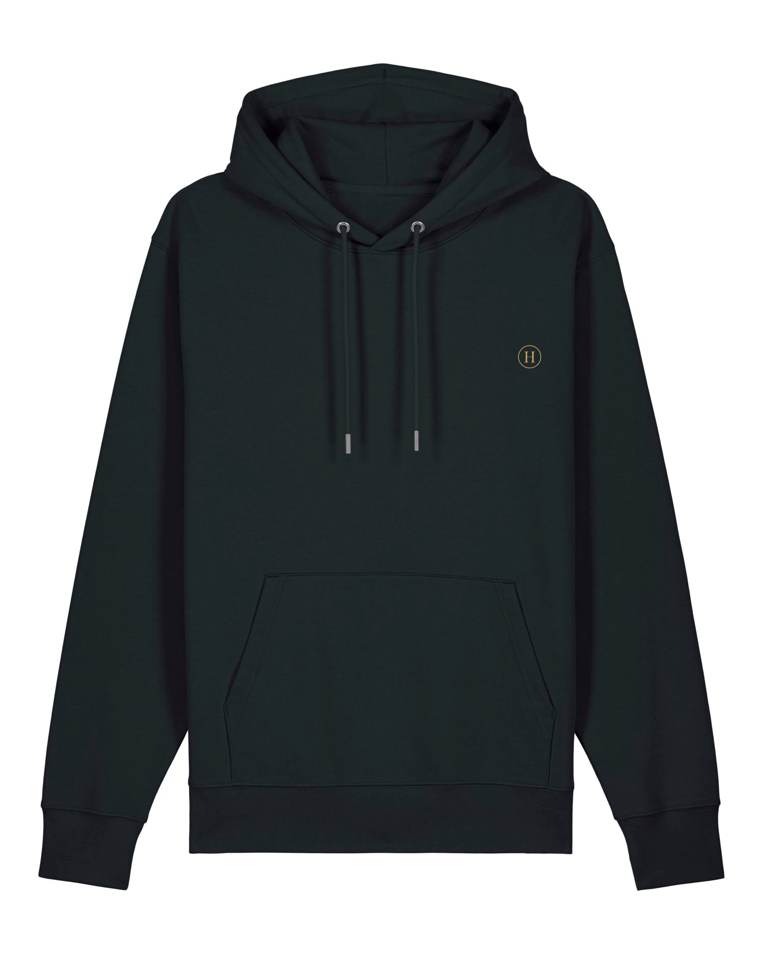 Black hoodie with a small logo on a white background