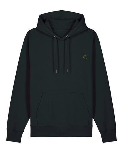 Black hoodie with a small logo on a white background
