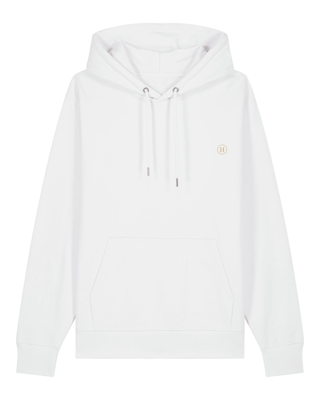 White hoodie with a small logo on a white background