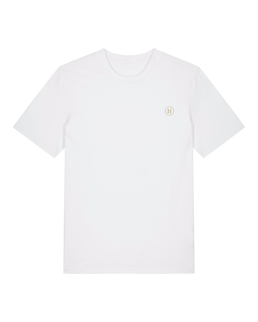 White t-shirt with a small logo on a white background