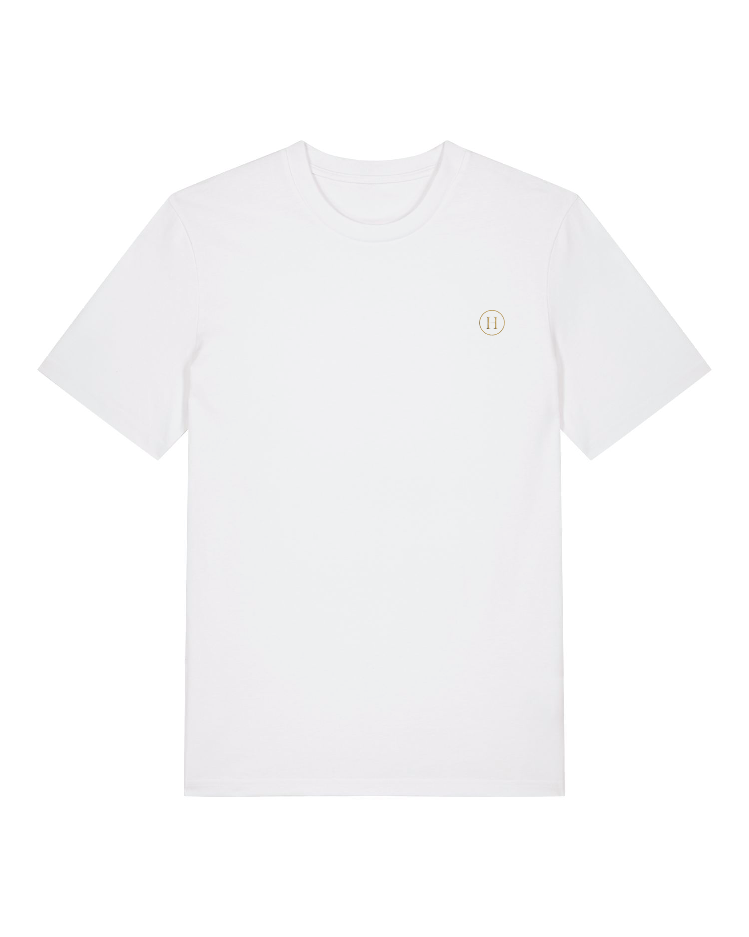 White t-shirt with a small logo on a white background
