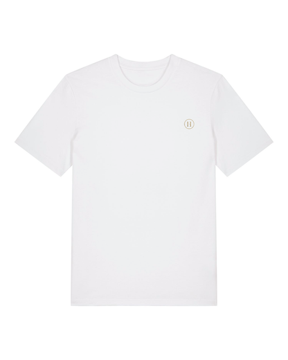 White t-shirt with a small logo on a white background