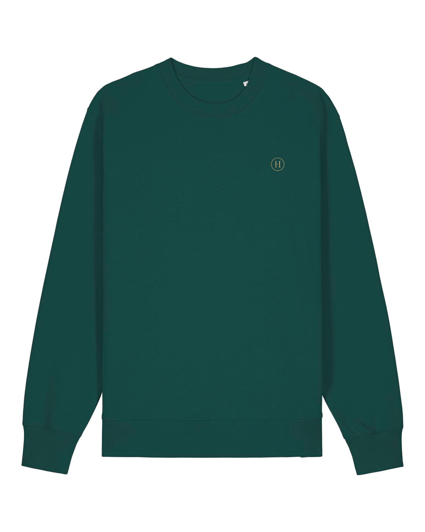 Green sweatshirt with a small logo on a white background