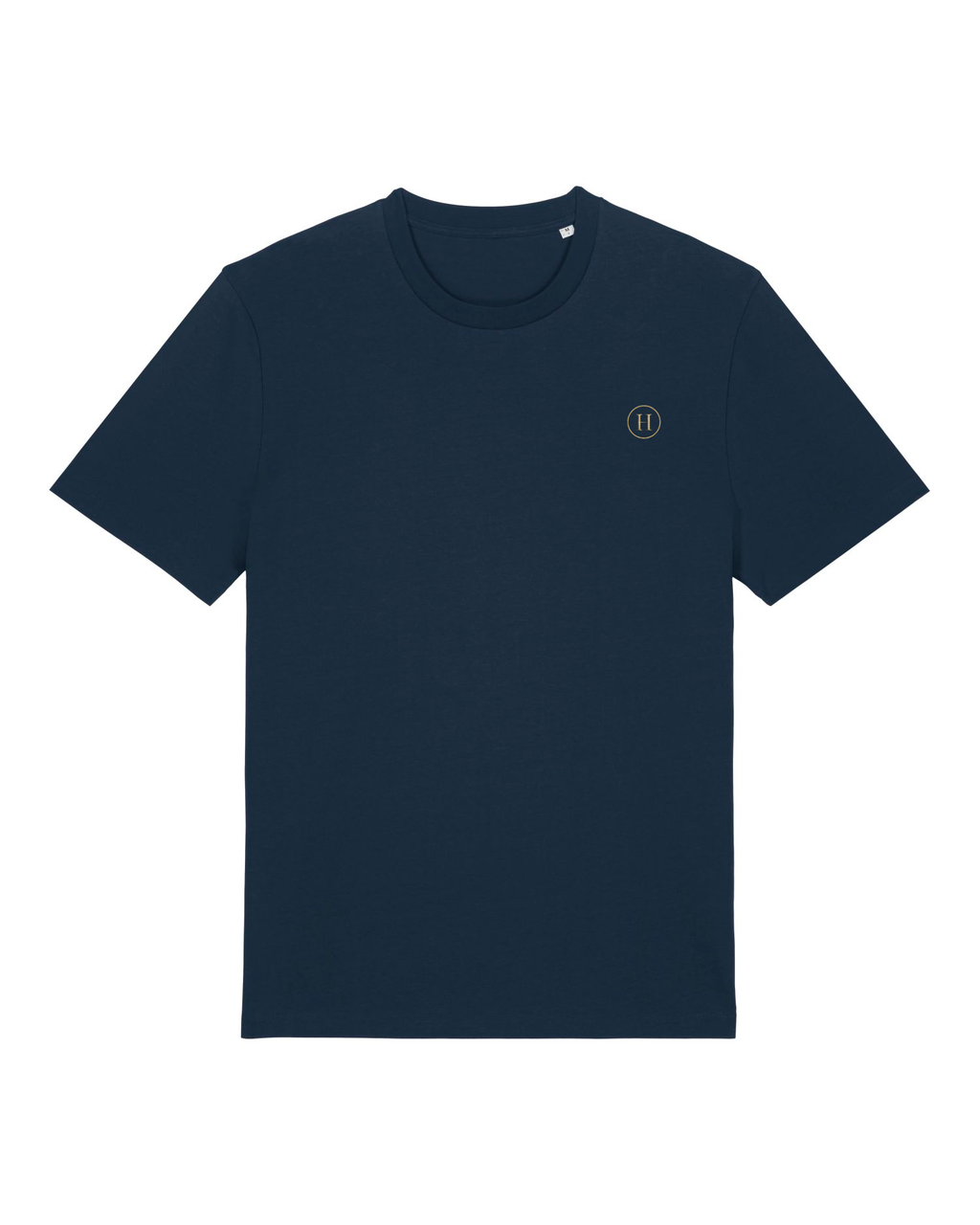 Navy blue t-shirt with a small logo on a white background
