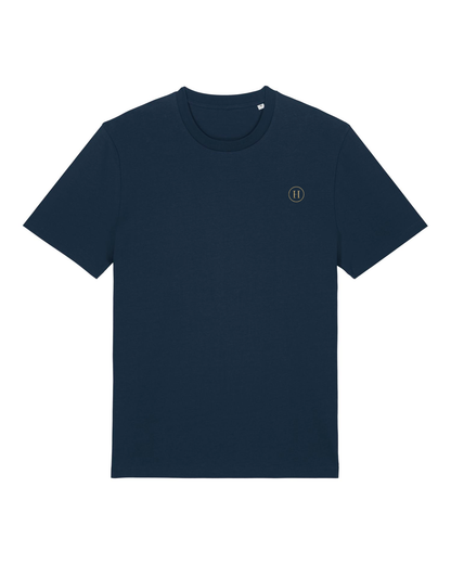 Navy blue t-shirt with a small logo on a white background