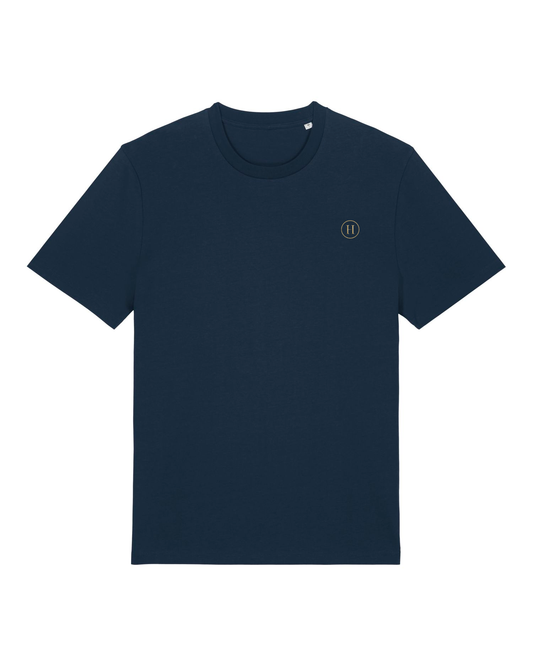 Navy blue t-shirt with a small logo on a white background