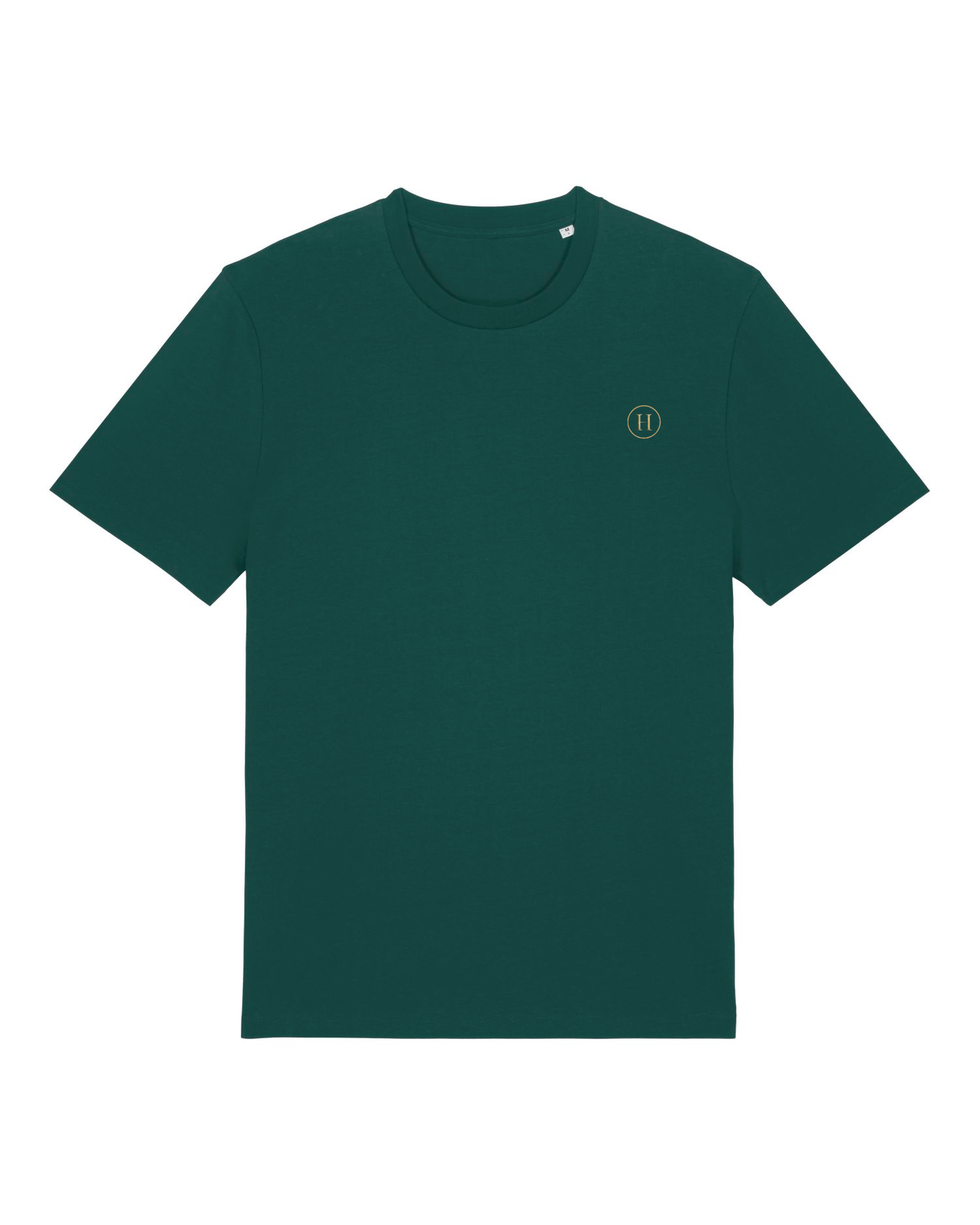 Green t-shirt with a small logo on a white background
