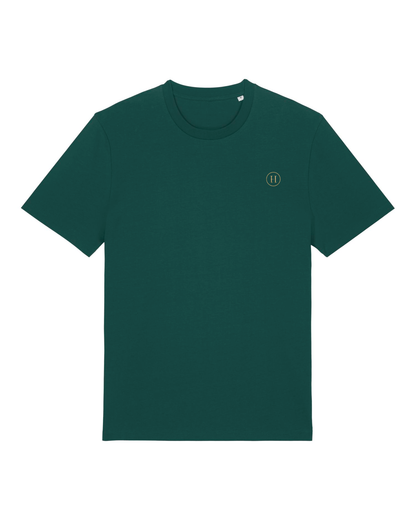 Green t-shirt with a small logo on a white background