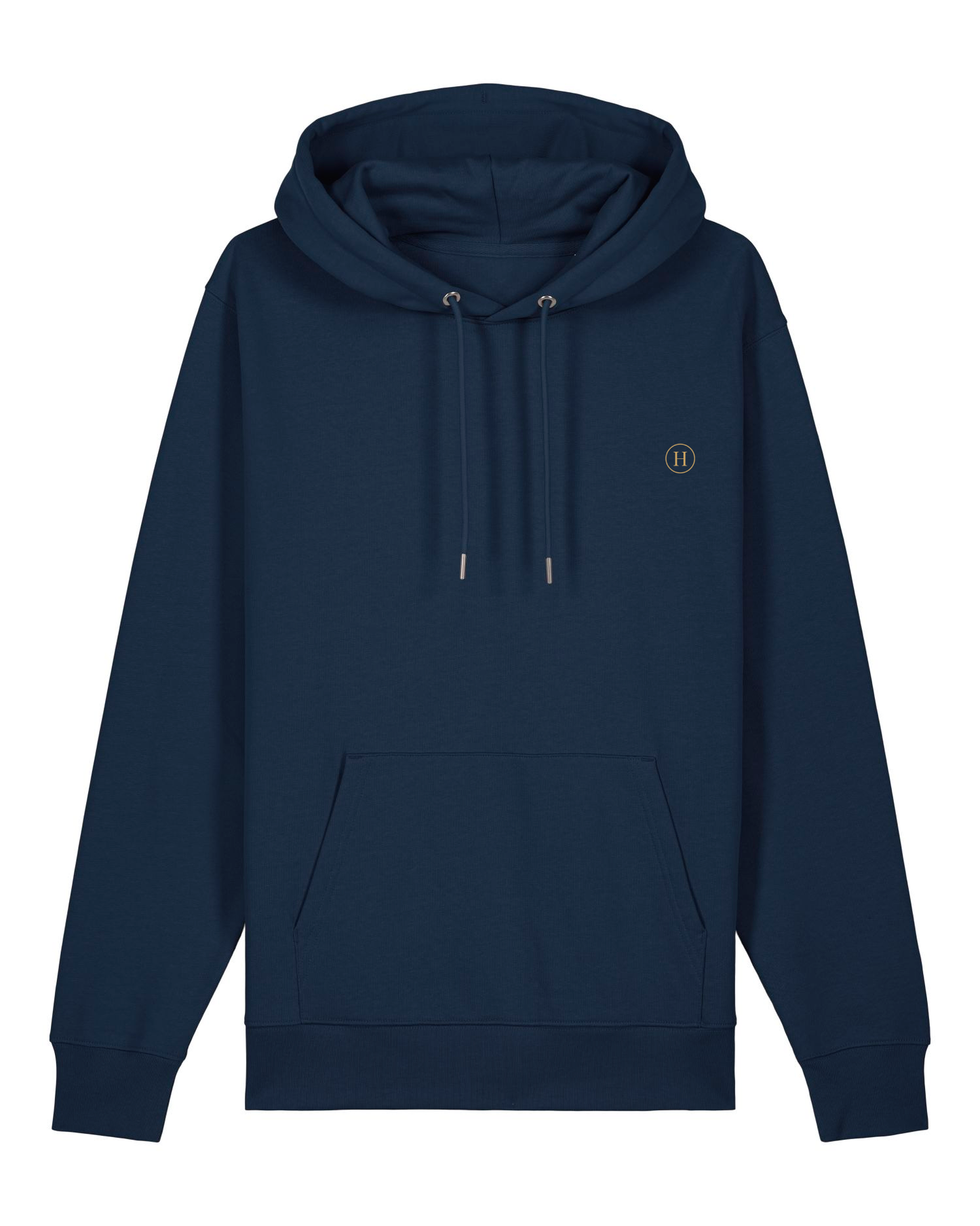Navy blue hoodie with a small logo on the chest against a white background