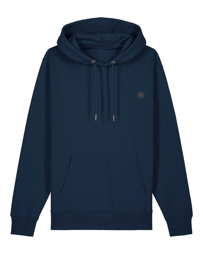 Navy blue hoodie with a small logo on the chest against a white background