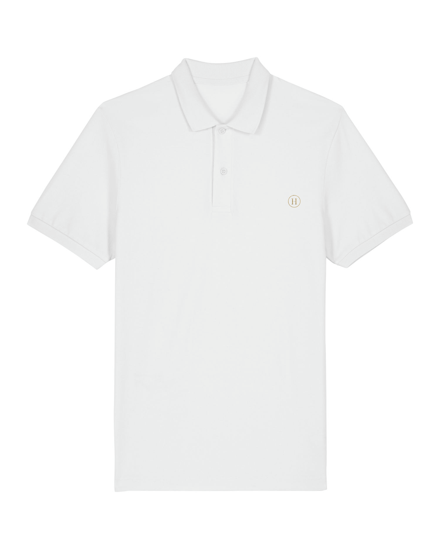 White polo shirt with a small logo on a white background