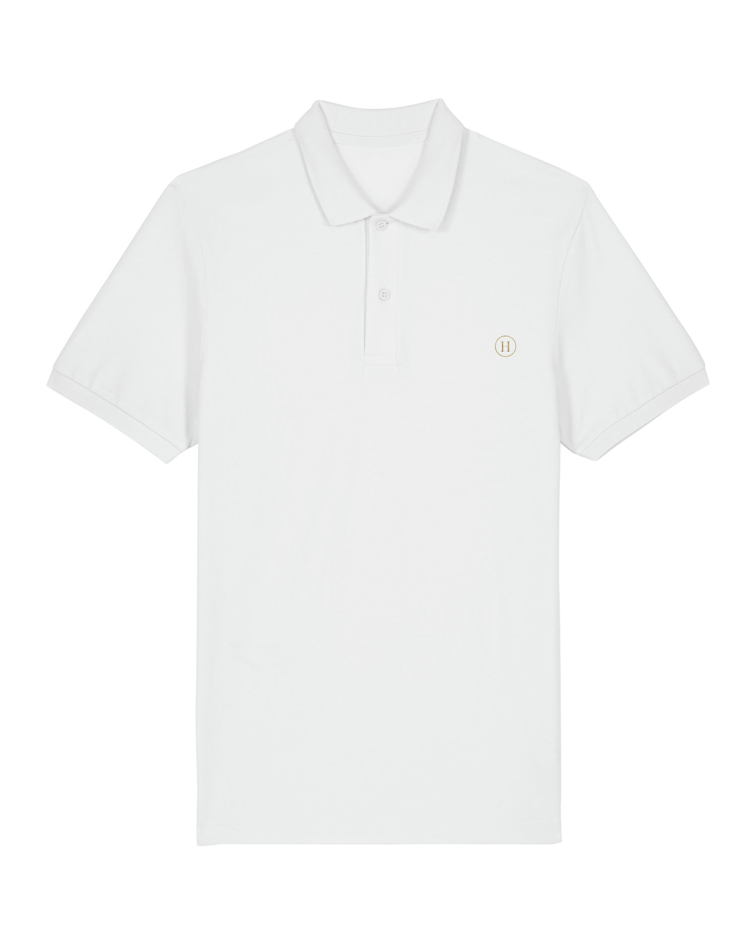 White polo shirt with a small logo on a white background