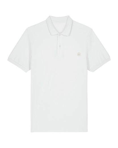 White polo shirt with a small logo on a white background