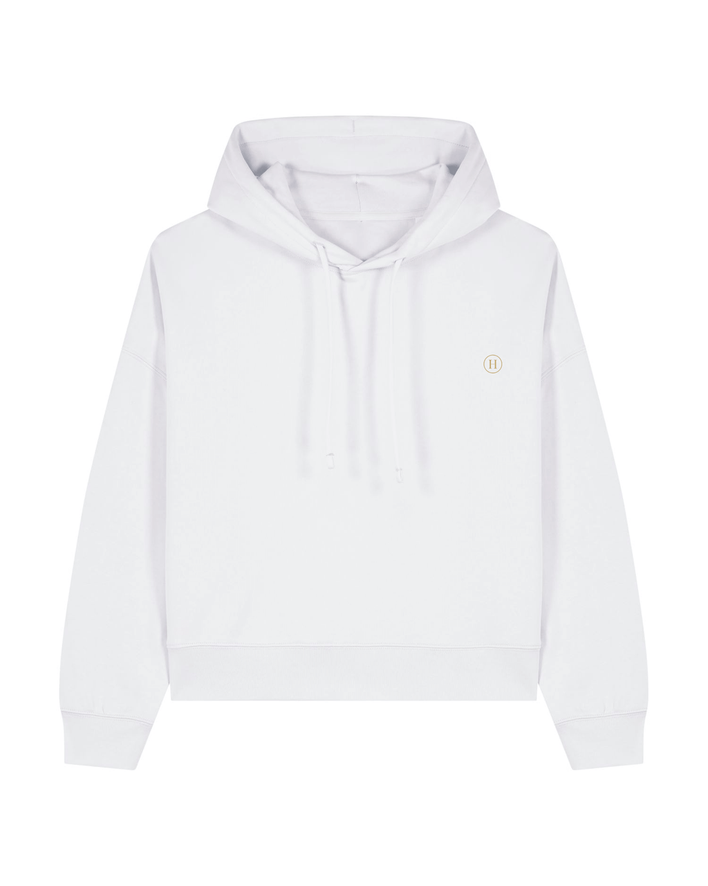 White hoodie with a small logo on a white background