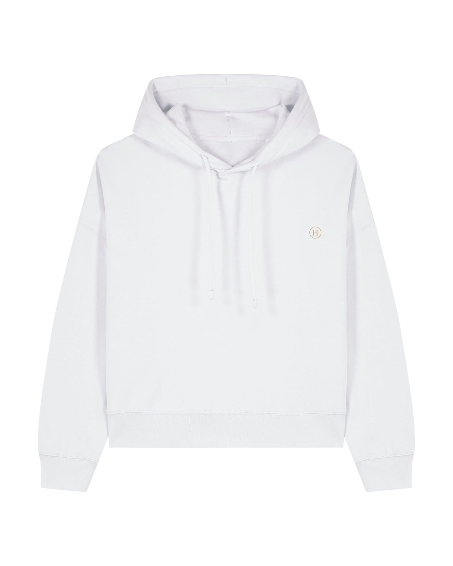 White hoodie with a small logo on a white background