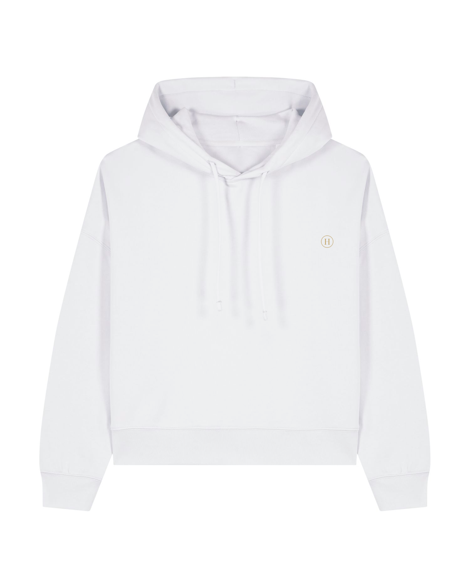 White hoodie with a small logo on a white background