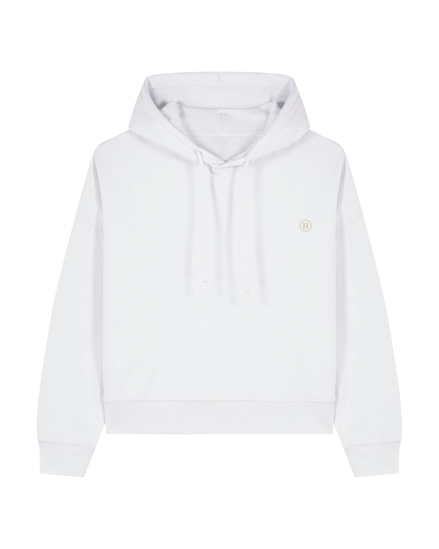 White hoodie with a small logo on a white background