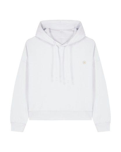 White hoodie with a small logo on a white background