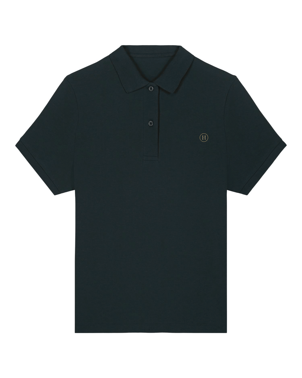 Black polo shirt with a small logo on a white background