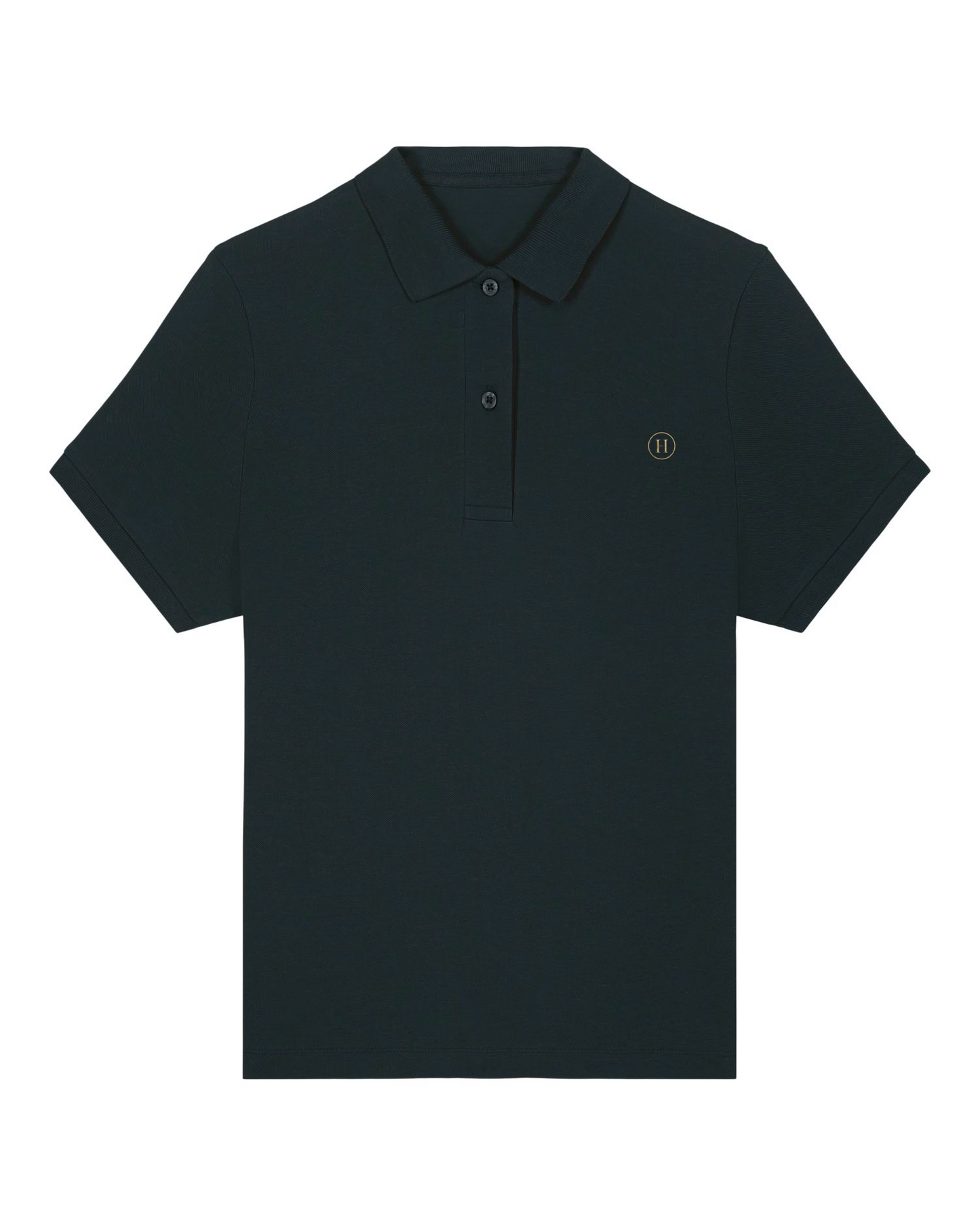 Black polo shirt with a small logo on a white background