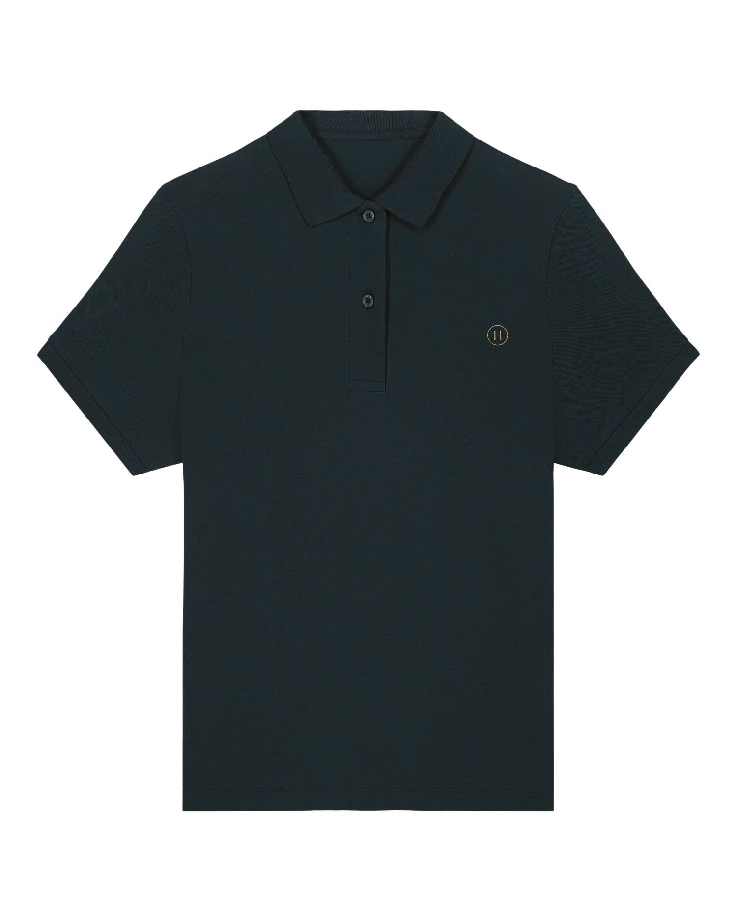 Black polo shirt with a small logo on a white background