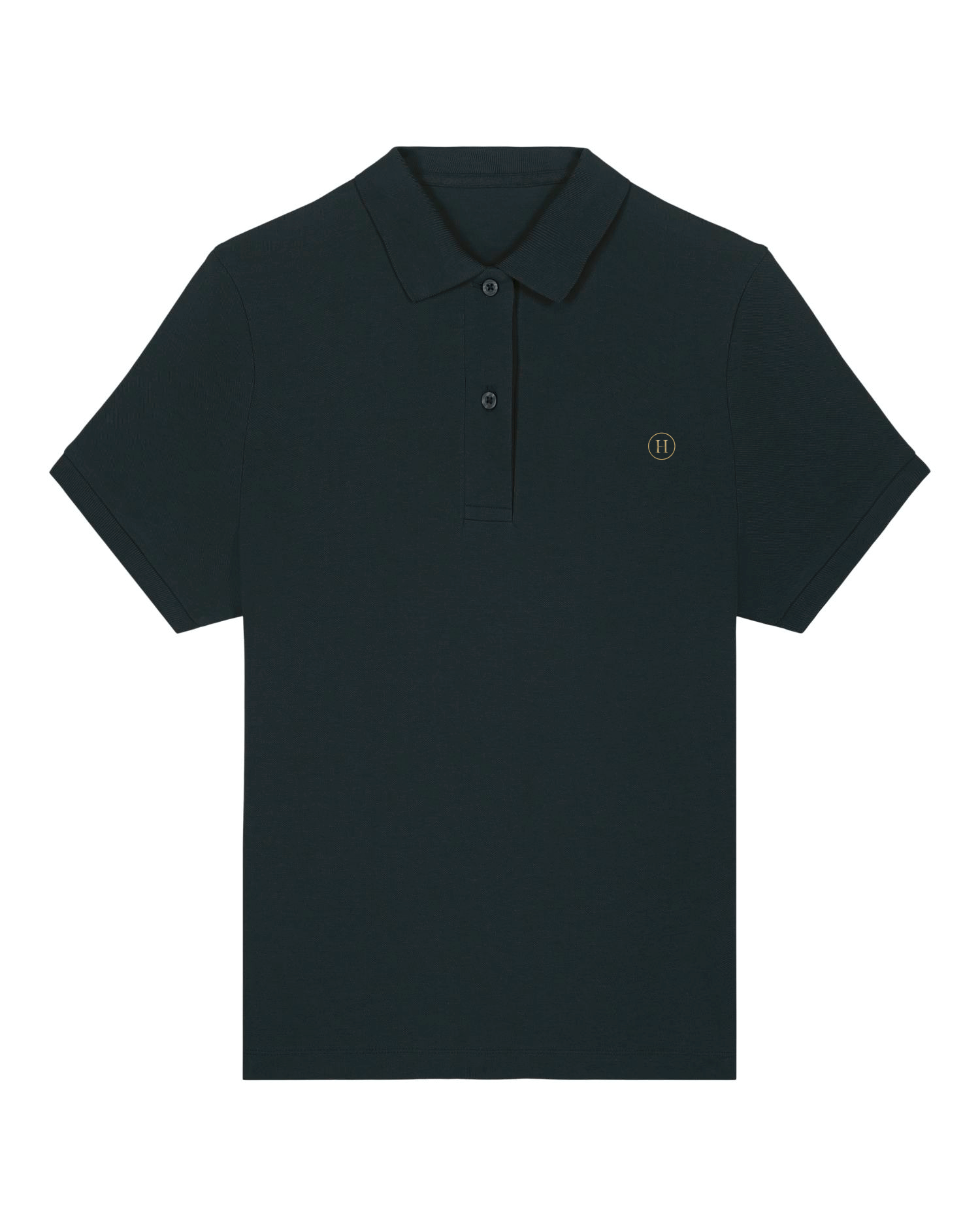 Black polo shirt with a small logo on a white background