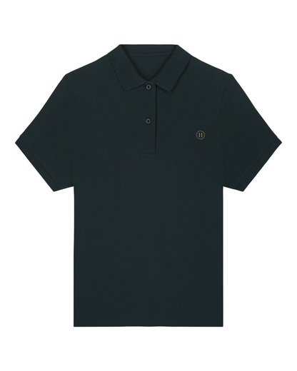 Black polo shirt with a small logo on a white background