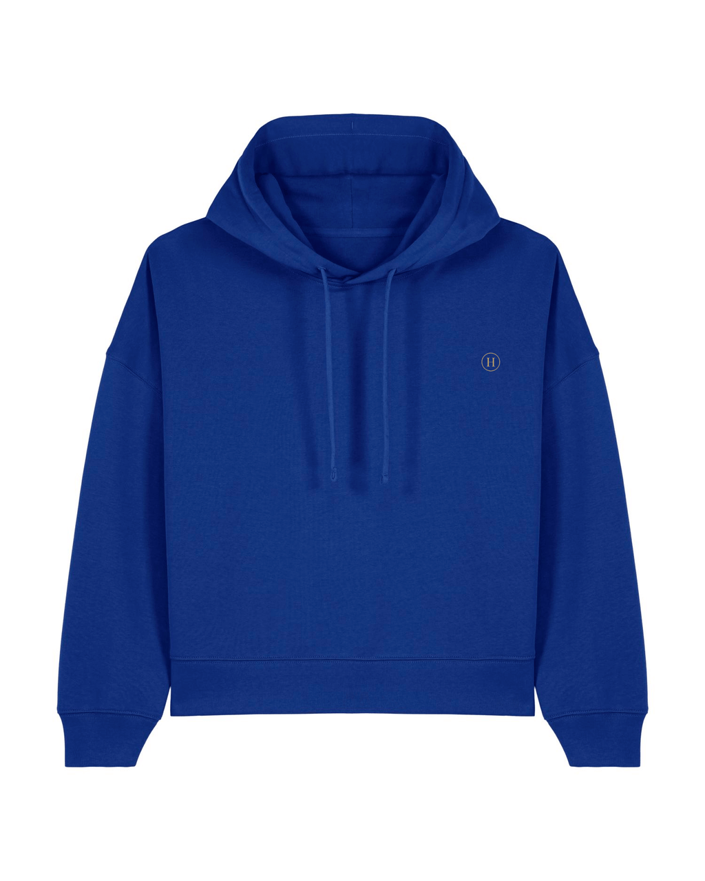 Blue hoodie with a small logo on a white background