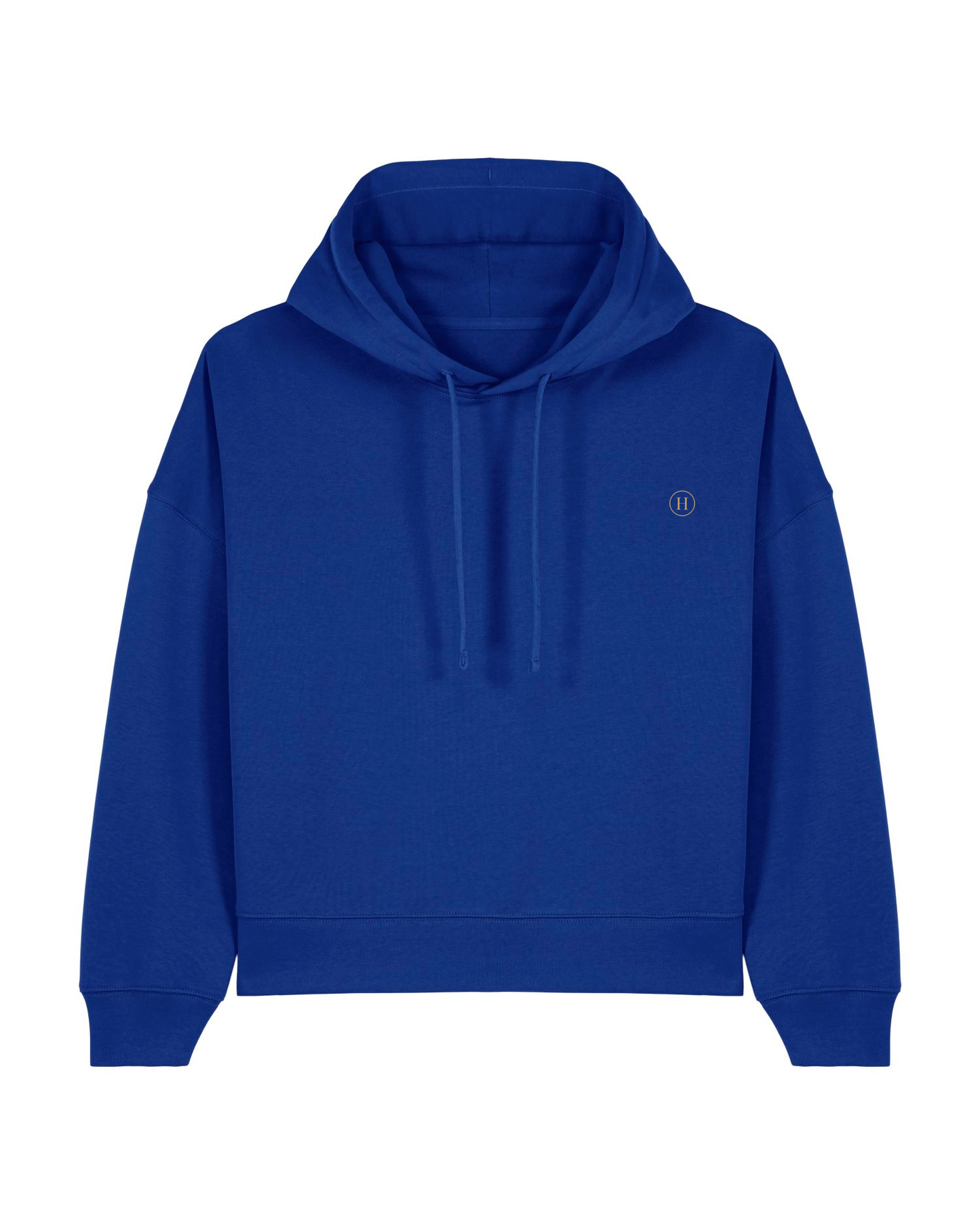 Blue hoodie with a small logo on a white background