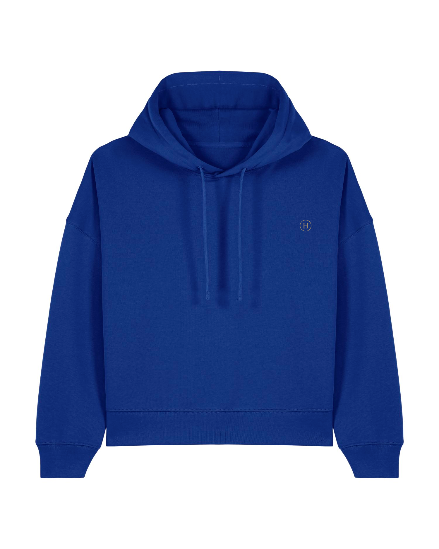 Blue hoodie with a small logo on a white background