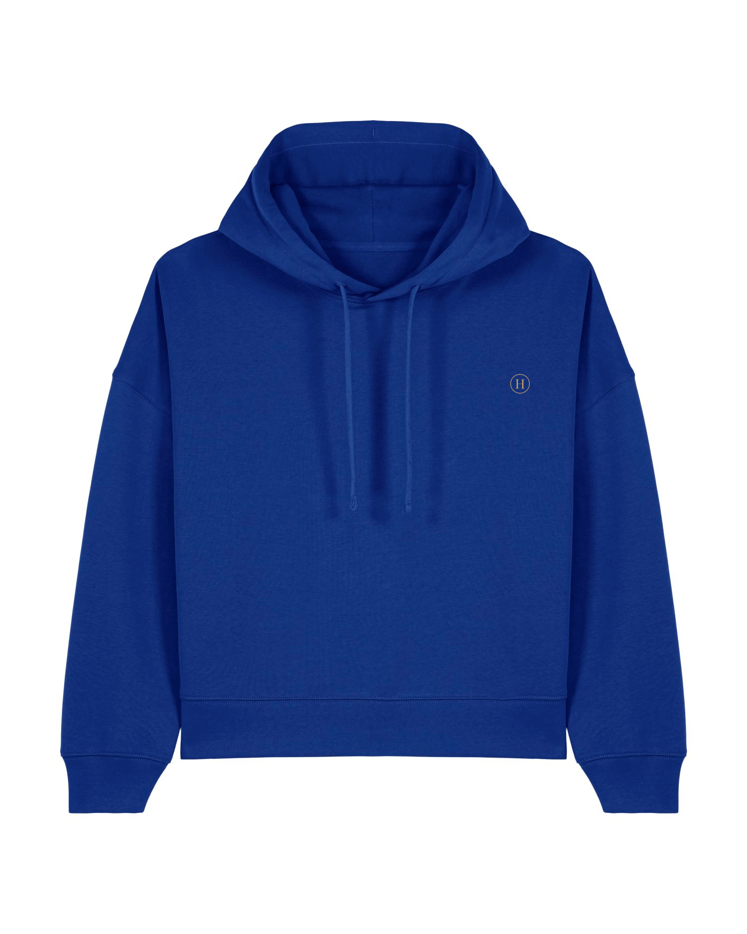 Blue hoodie with a small logo on a white background