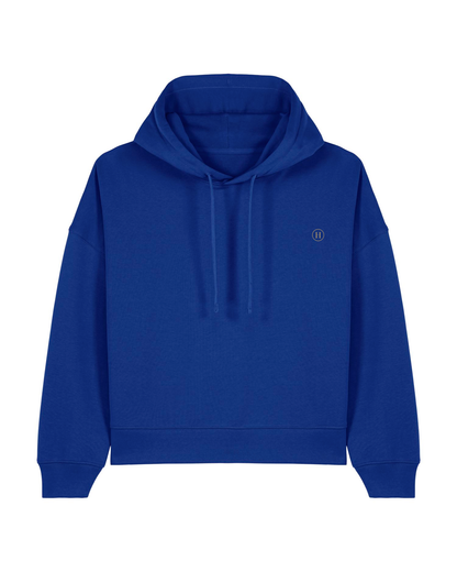 Blue hoodie with a small logo on a white background