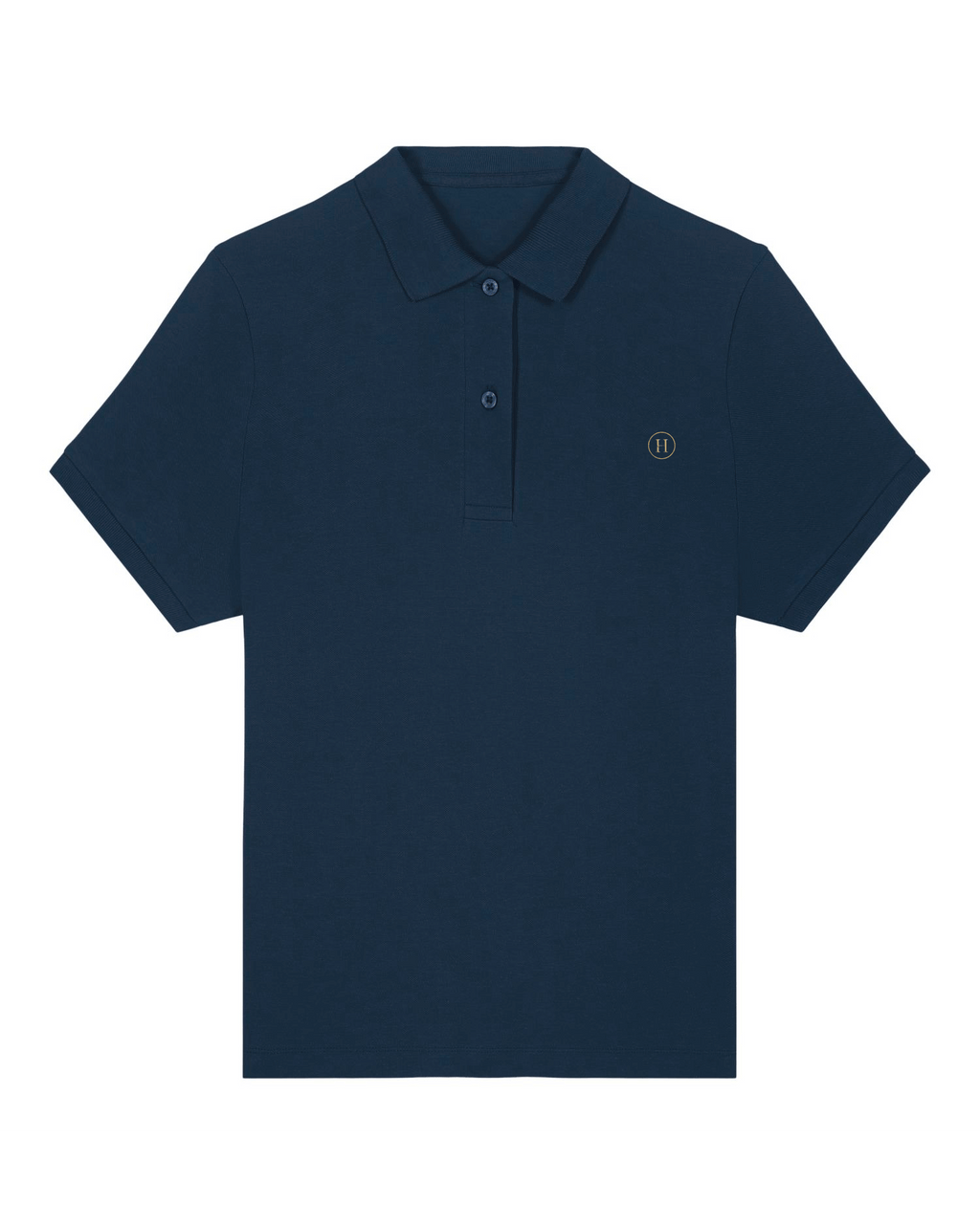 Navy blue polo shirt with a small logo on a white background